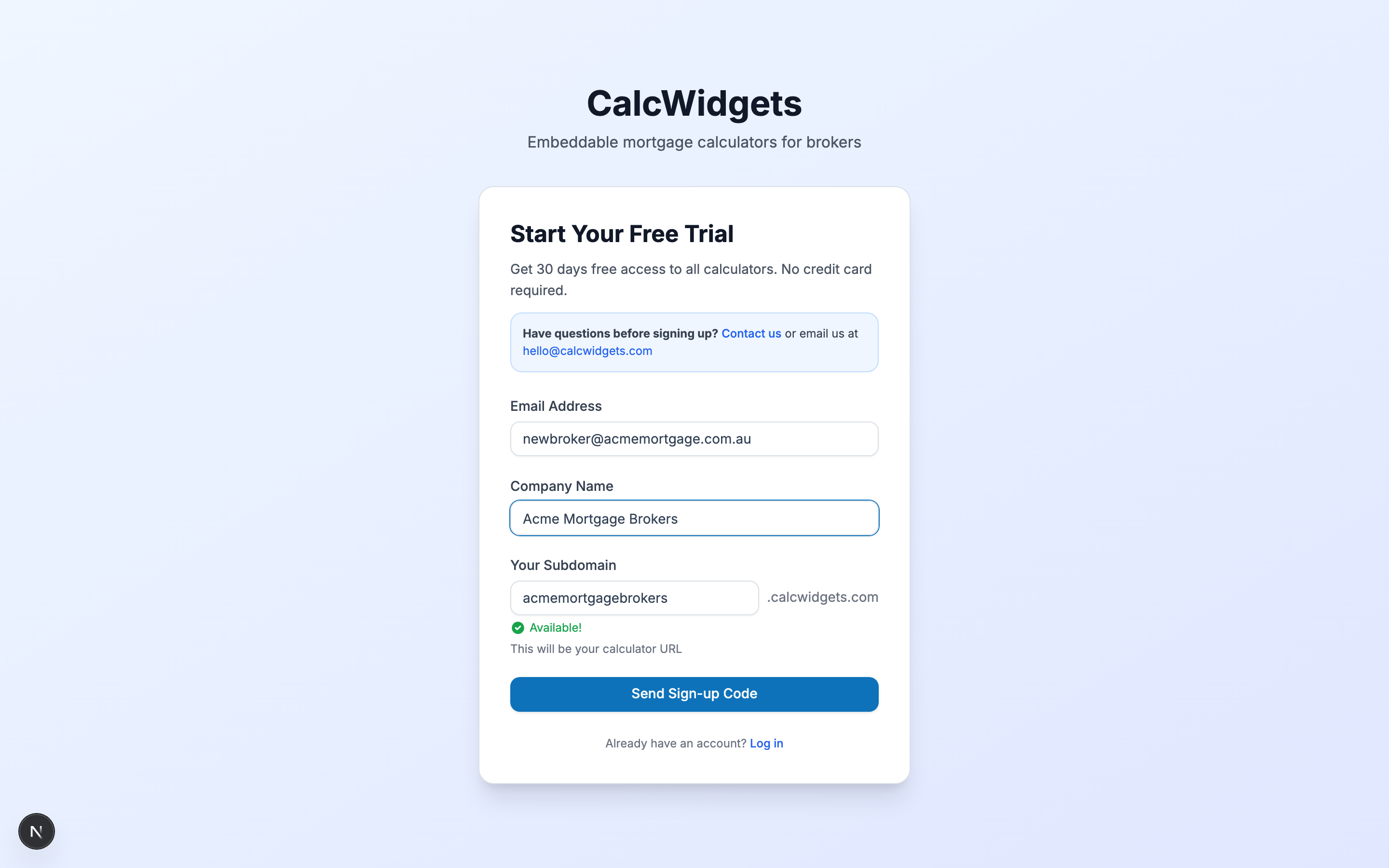 CalcWidgets signup page with email, company name, and subdomain fields
