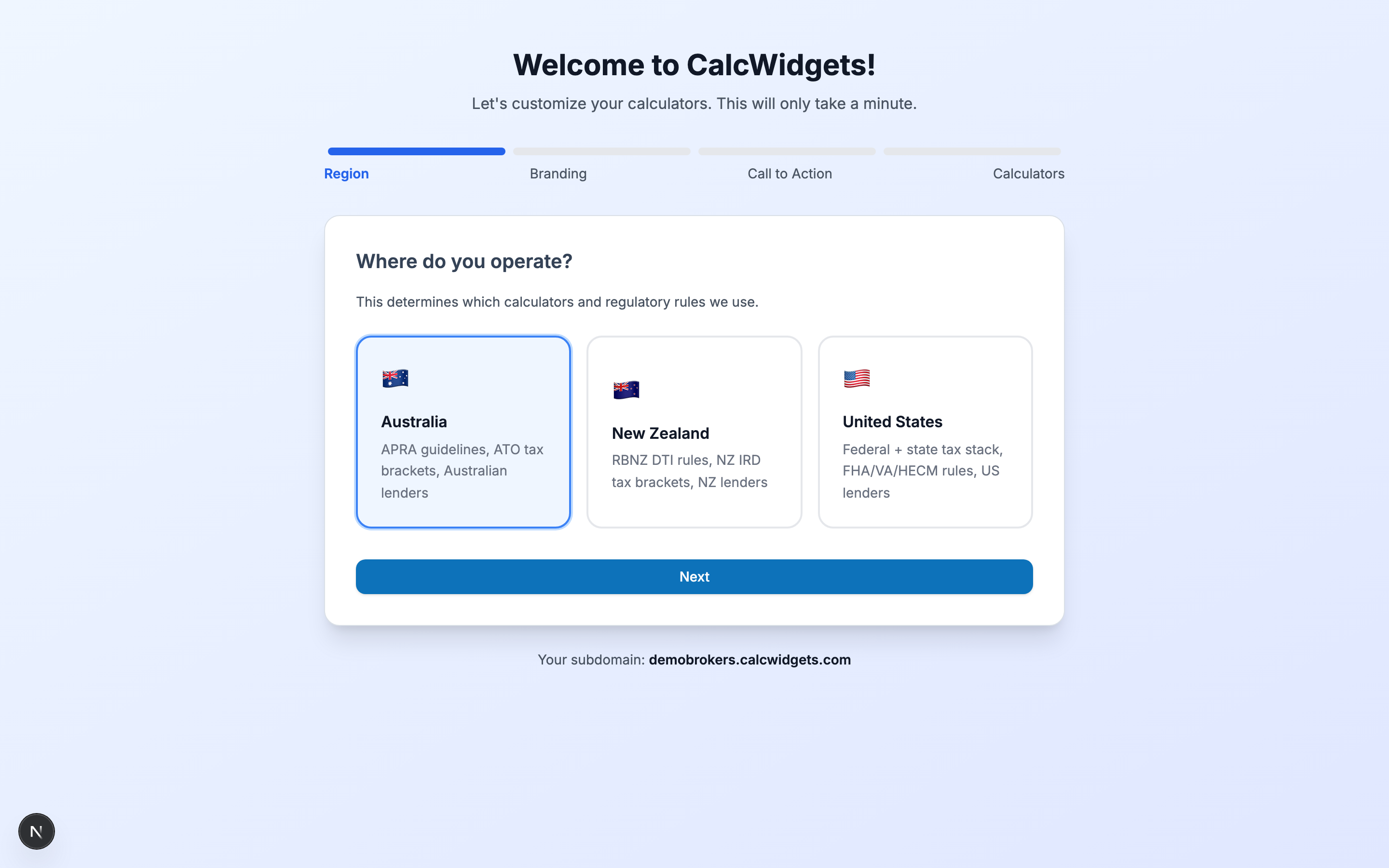 Onboarding wizard step 1 — Region selection with Australia, New Zealand, and United States options