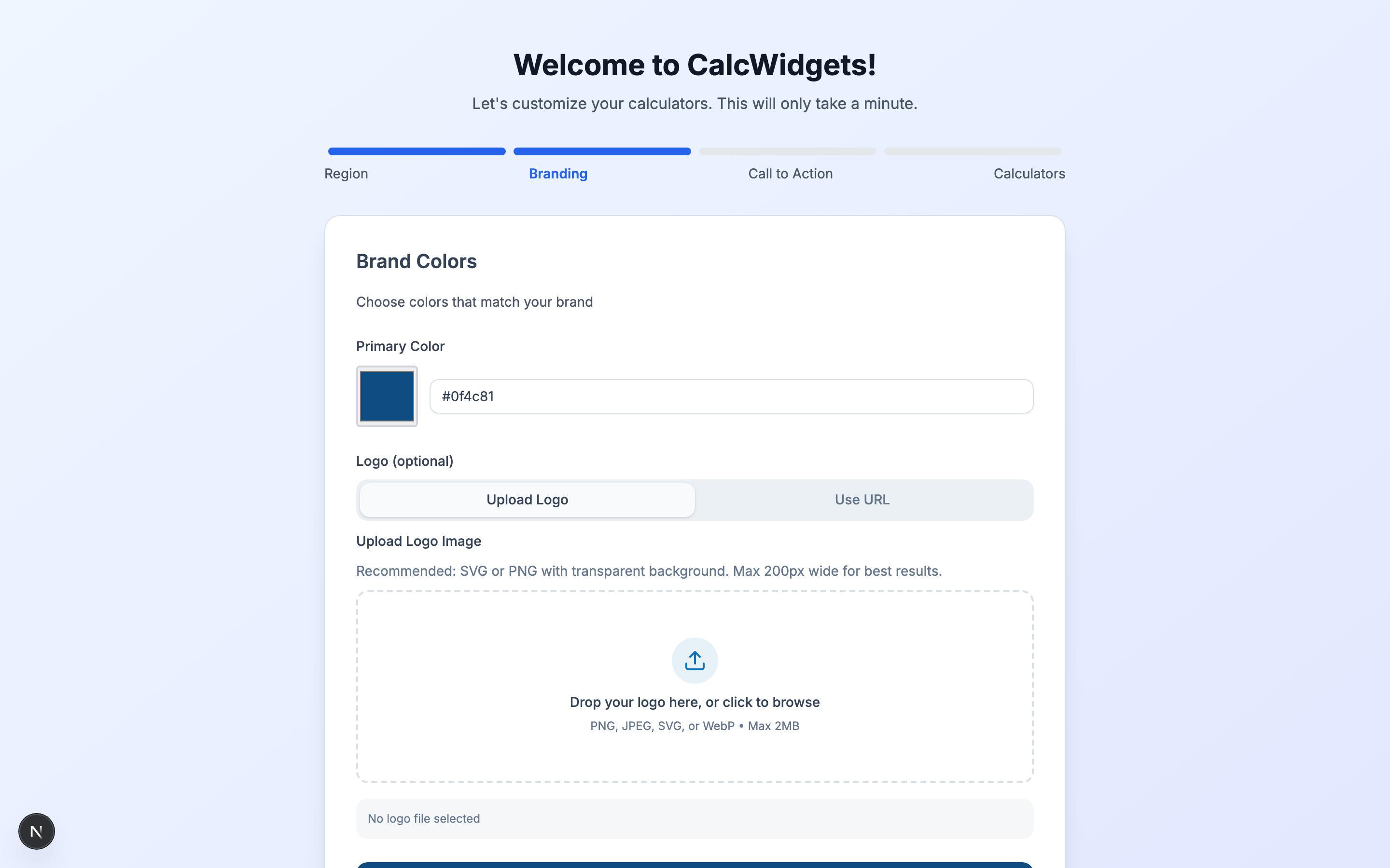 Onboarding wizard step 2 — Brand colour picker and logo upload