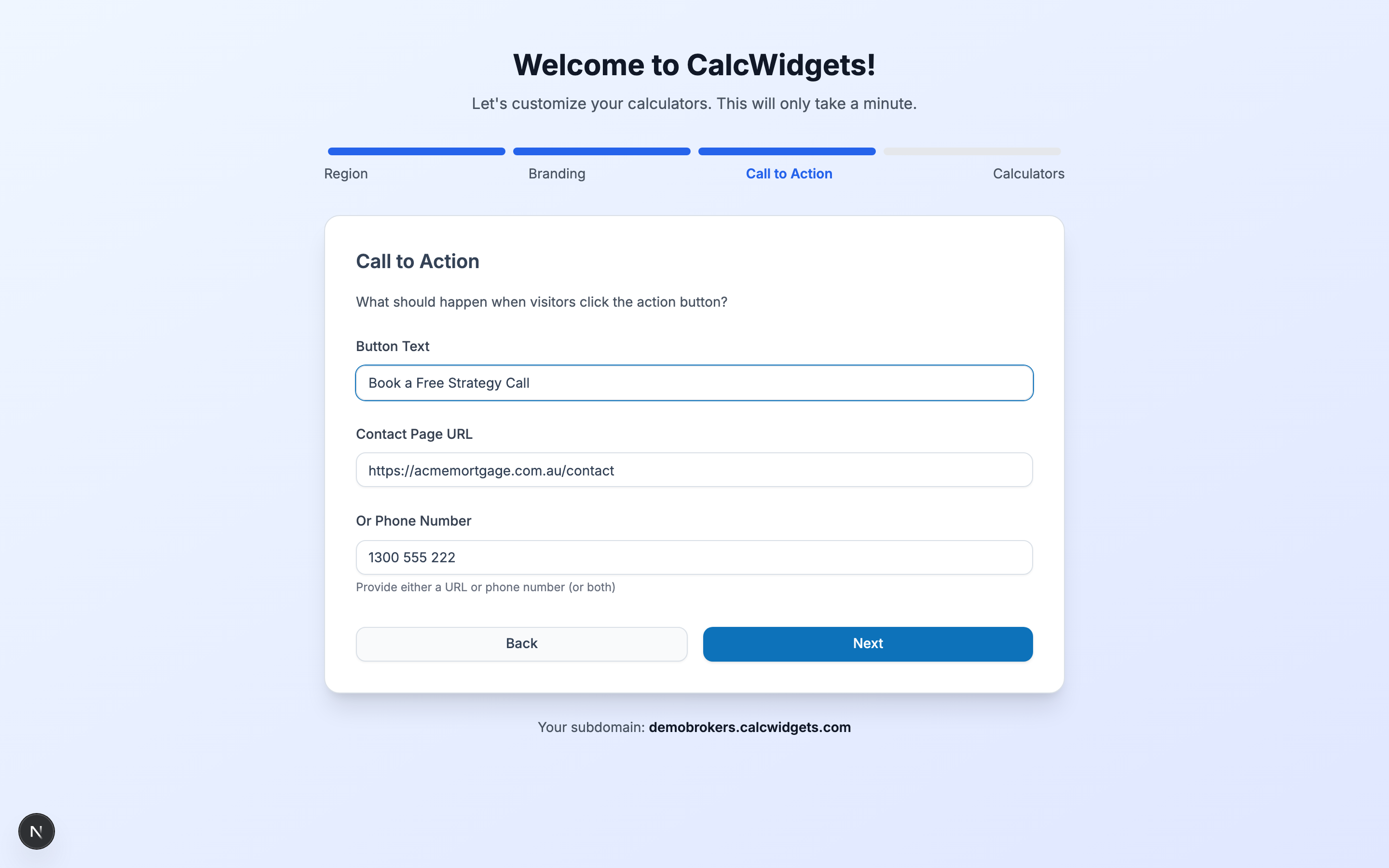 Onboarding wizard step 3 — Call to action button text, URL, and phone number