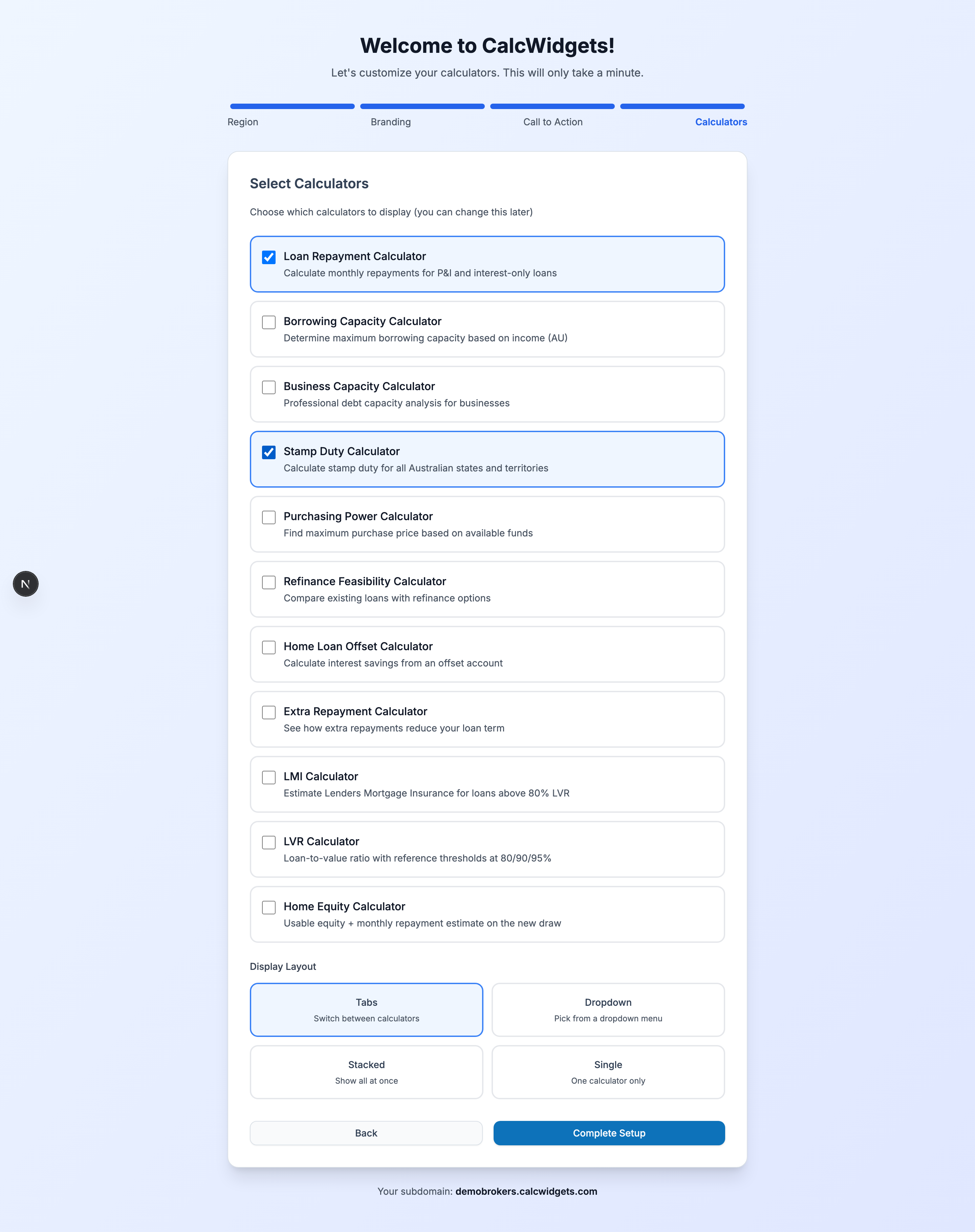 Onboarding wizard step 4 — Calculator multi-select and layout picker