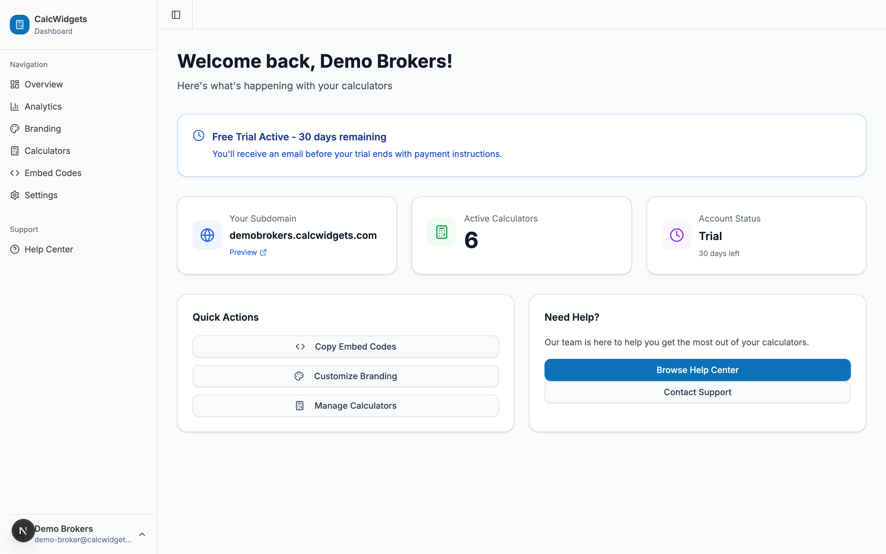 CalcWidgets dashboard home — trial banner, subdomain, calculator count, quick actions